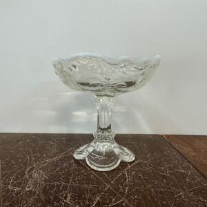 Vintage Clear Glass Compote Pedestal Candy Dish Floral Embossed‎ Scalloped Edge